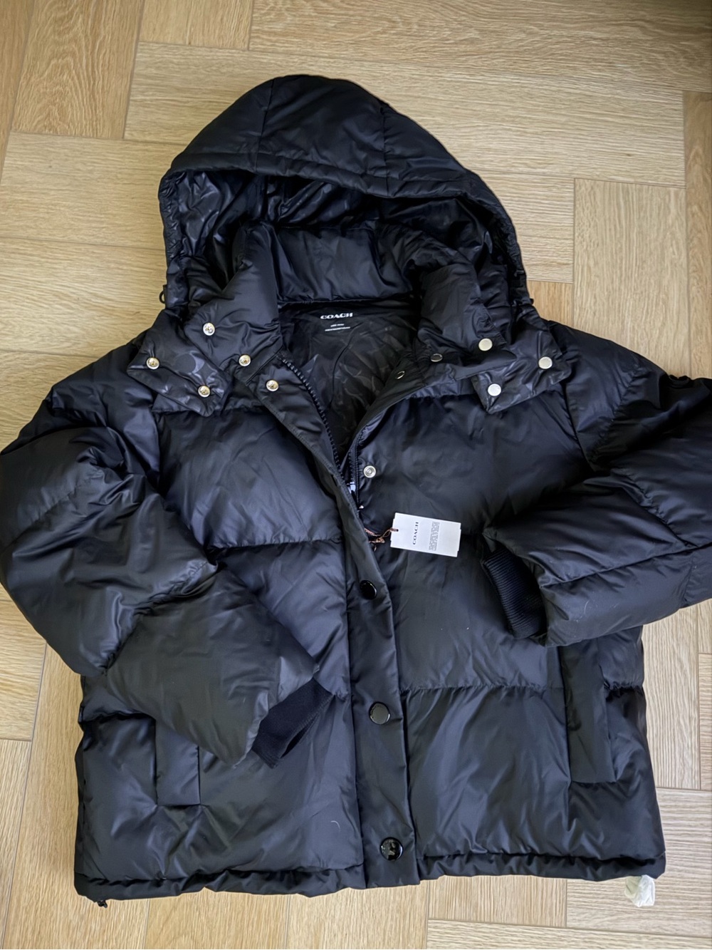 Coach Sherpa zip up Black Women's Hooded Puffer parka winter Coat L $840